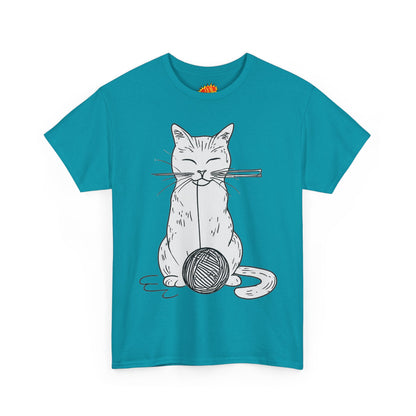 White Cat w/Yarn Ball Art Drawing Tee Shirt