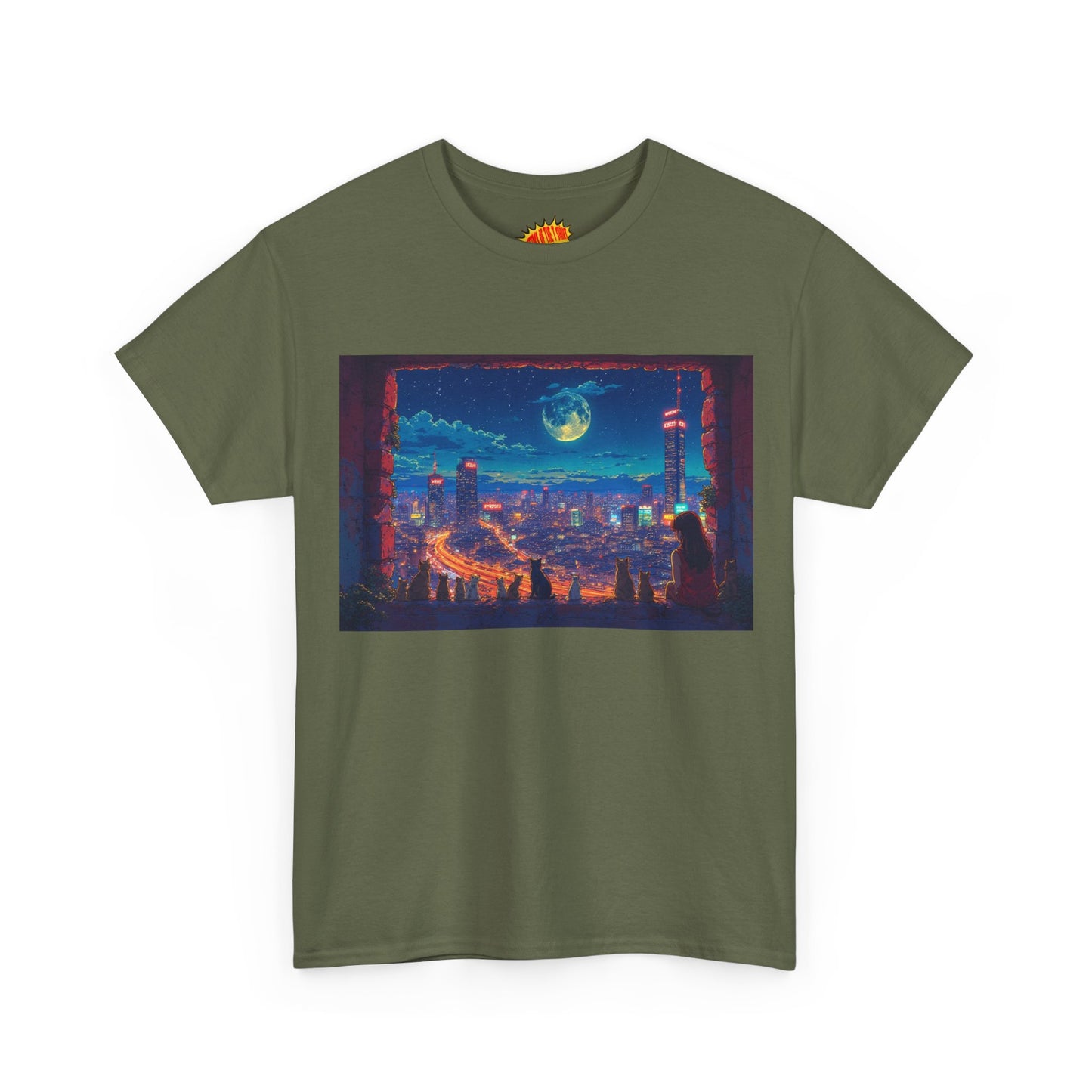 Anime Cityscape Night Scene w/Girl & Cats T-Shirt *Multiple Colors*