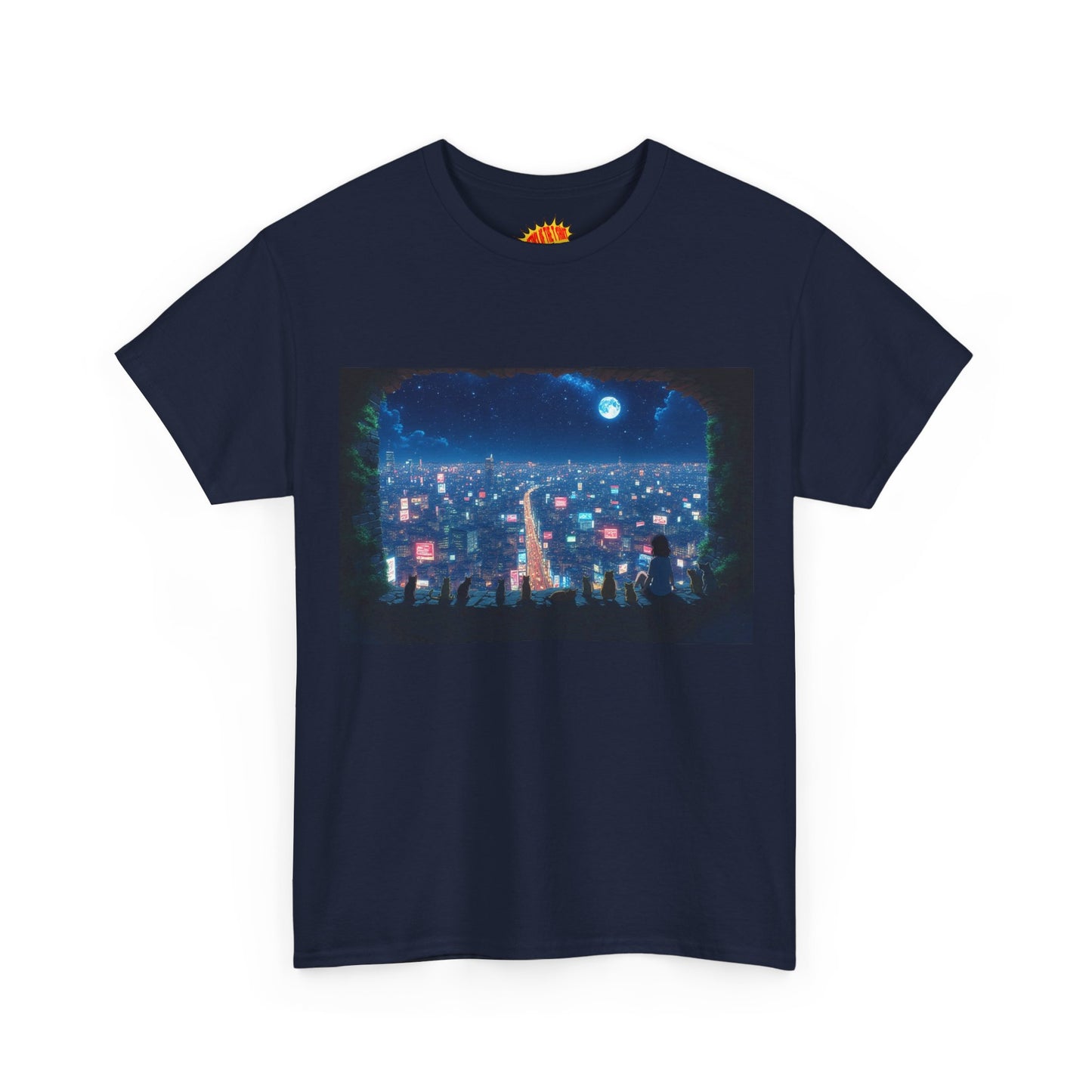 Anime City Neon Night Scene w/Girl & Cats T-Shirt *Multiple Colors*