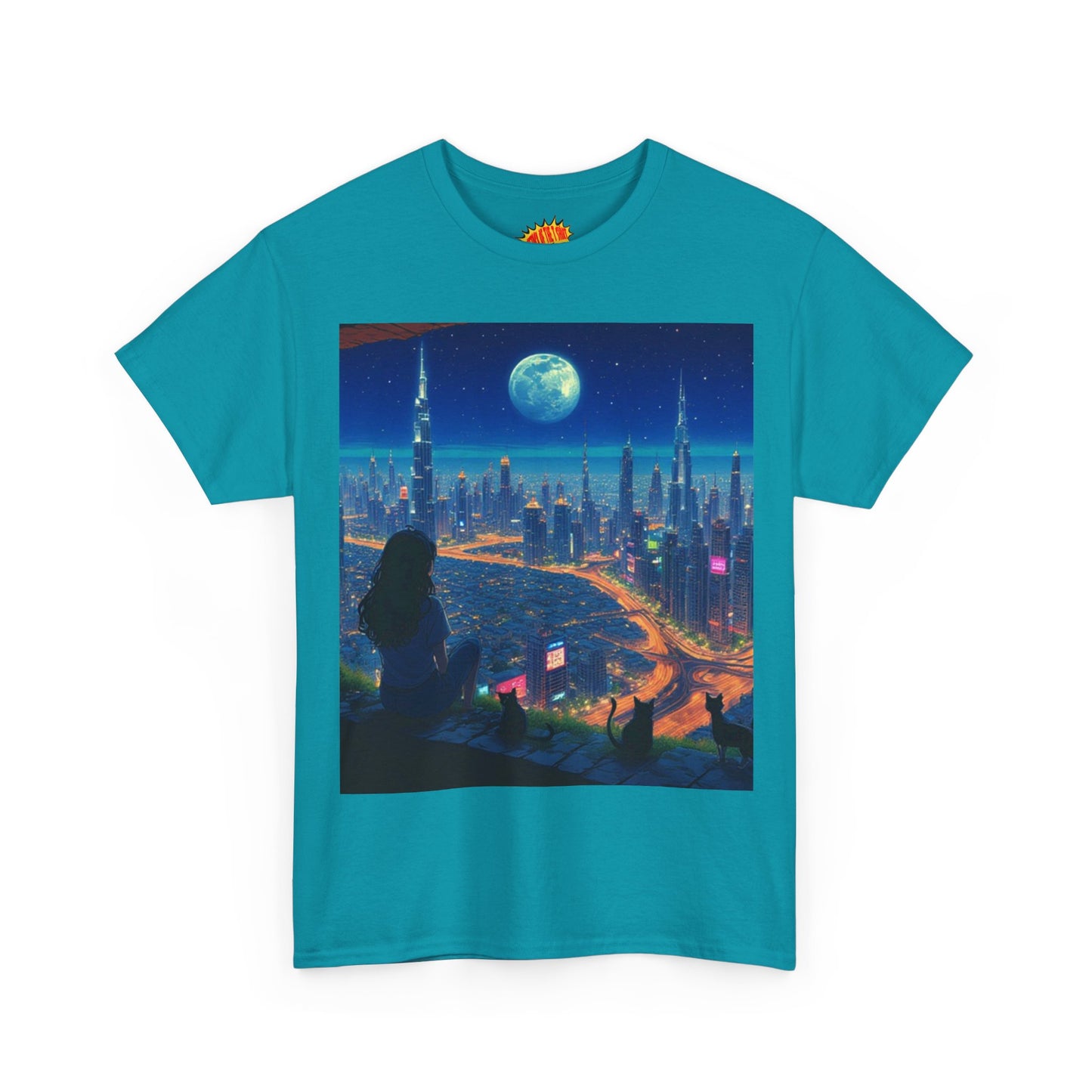 Anime City Full Moon Scene w/Girl & Cats T-Shirt *Multiple Colors*