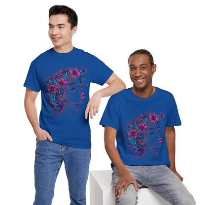 Multicolor Line Drawing Human Flower Graphic Art Tee Shirt