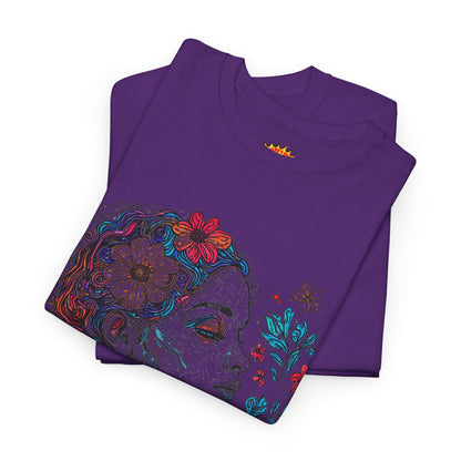 Multicolor Line Drawing Human Graphic Flower Art Tee Shirt