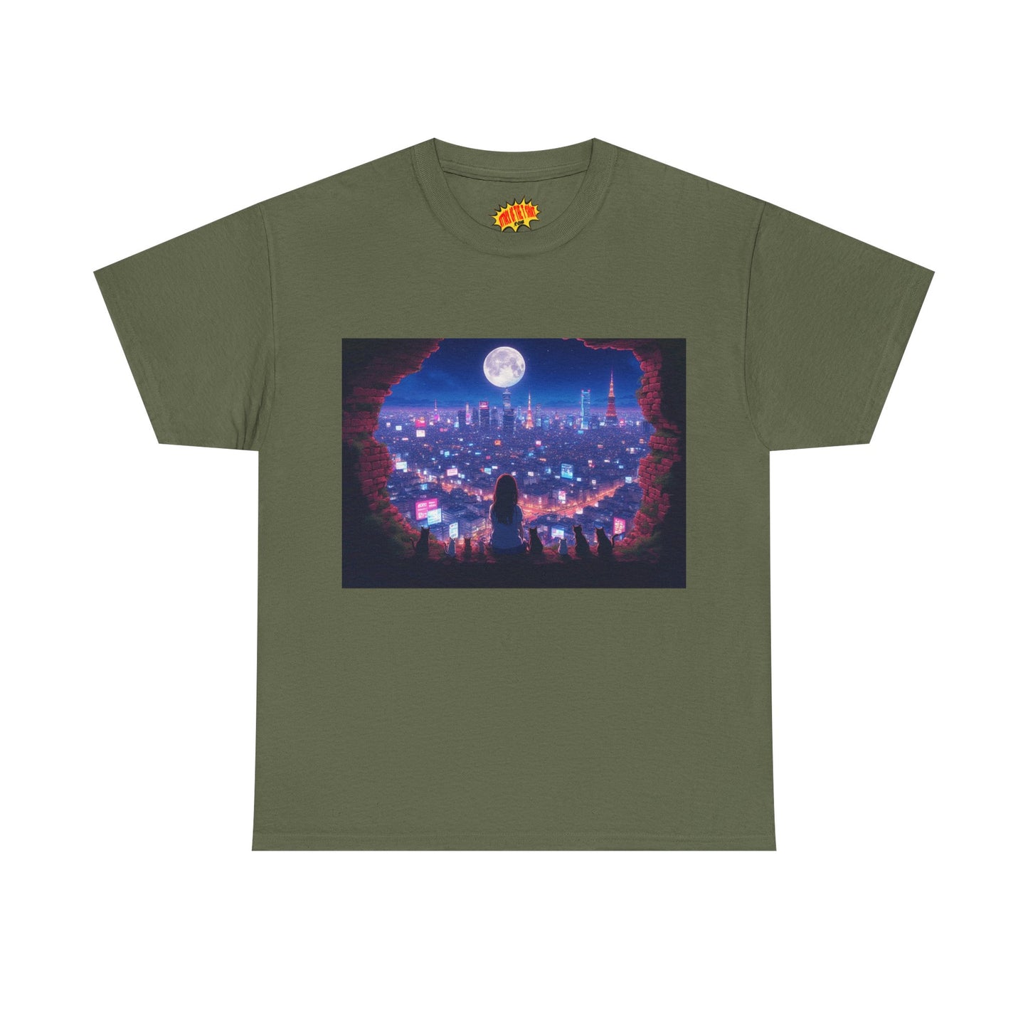 Neon Anime City Night Scene w/Girl & Cats T-Shirt *Multiple Colors*