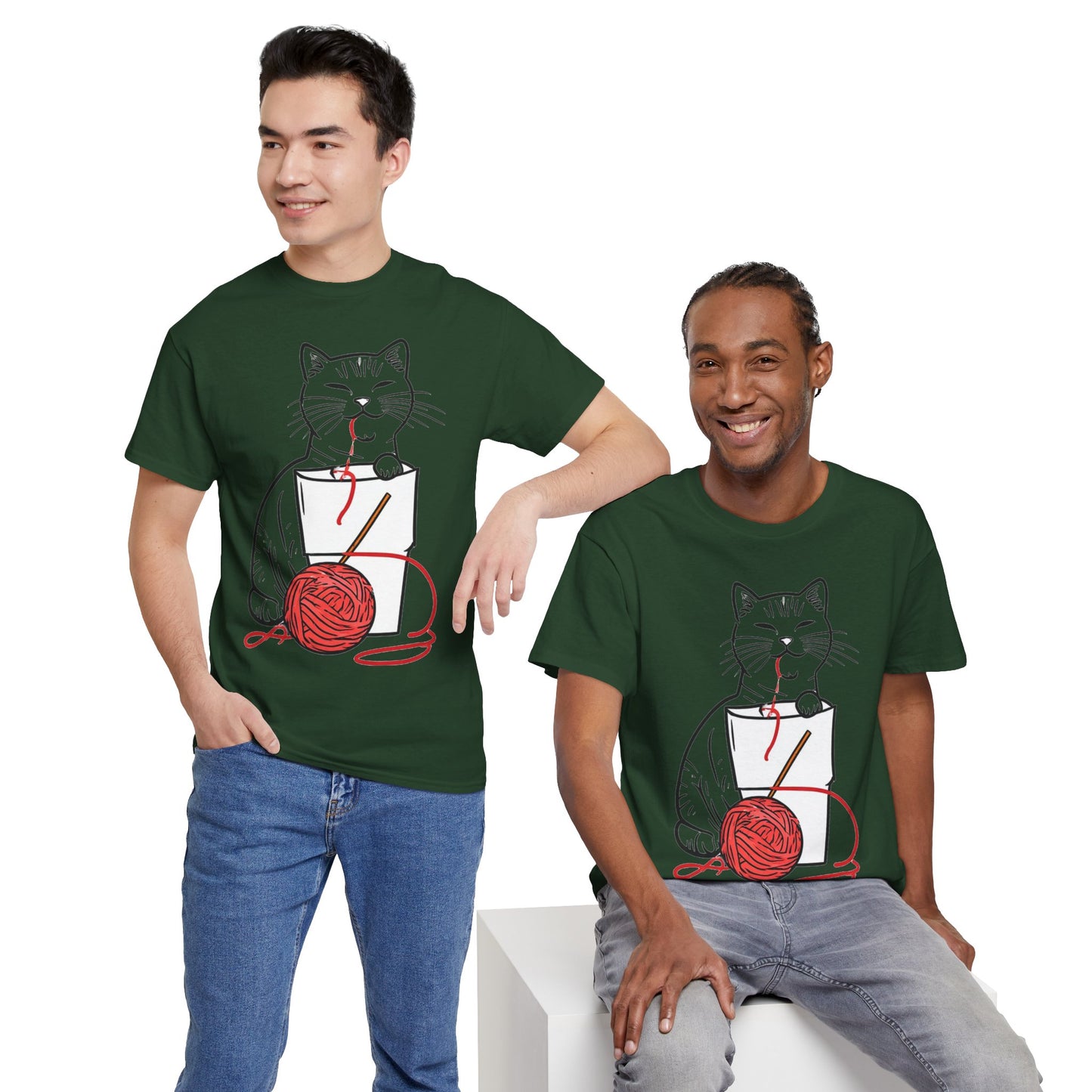 Cat w/Noodle Cup + Yarn Ball Art Drawing Tee Shirt *Multiple Colors*