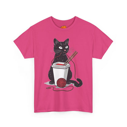 Black Cat w/Noodles + Yarn Ball Art Drawing Tee Shirt