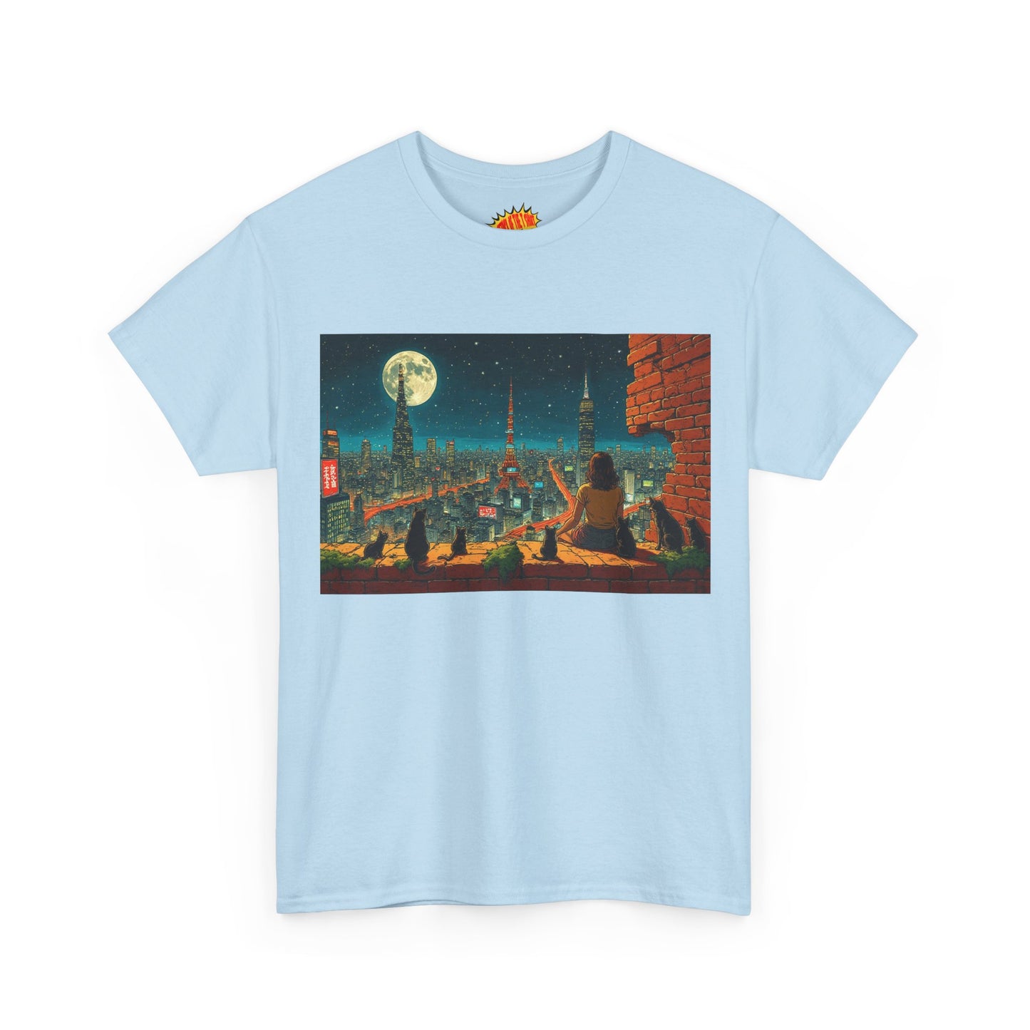 Anime Cityscape Full Moon Scene w/Girl & Cats T-Shirt *Multiple Colors*