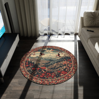 Oriental Style w/Birds + Flowers Rug - 60in Diameter Round Carpet 3