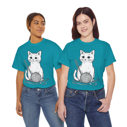 White Cat w/Yarn Ball Art Tee Shirt