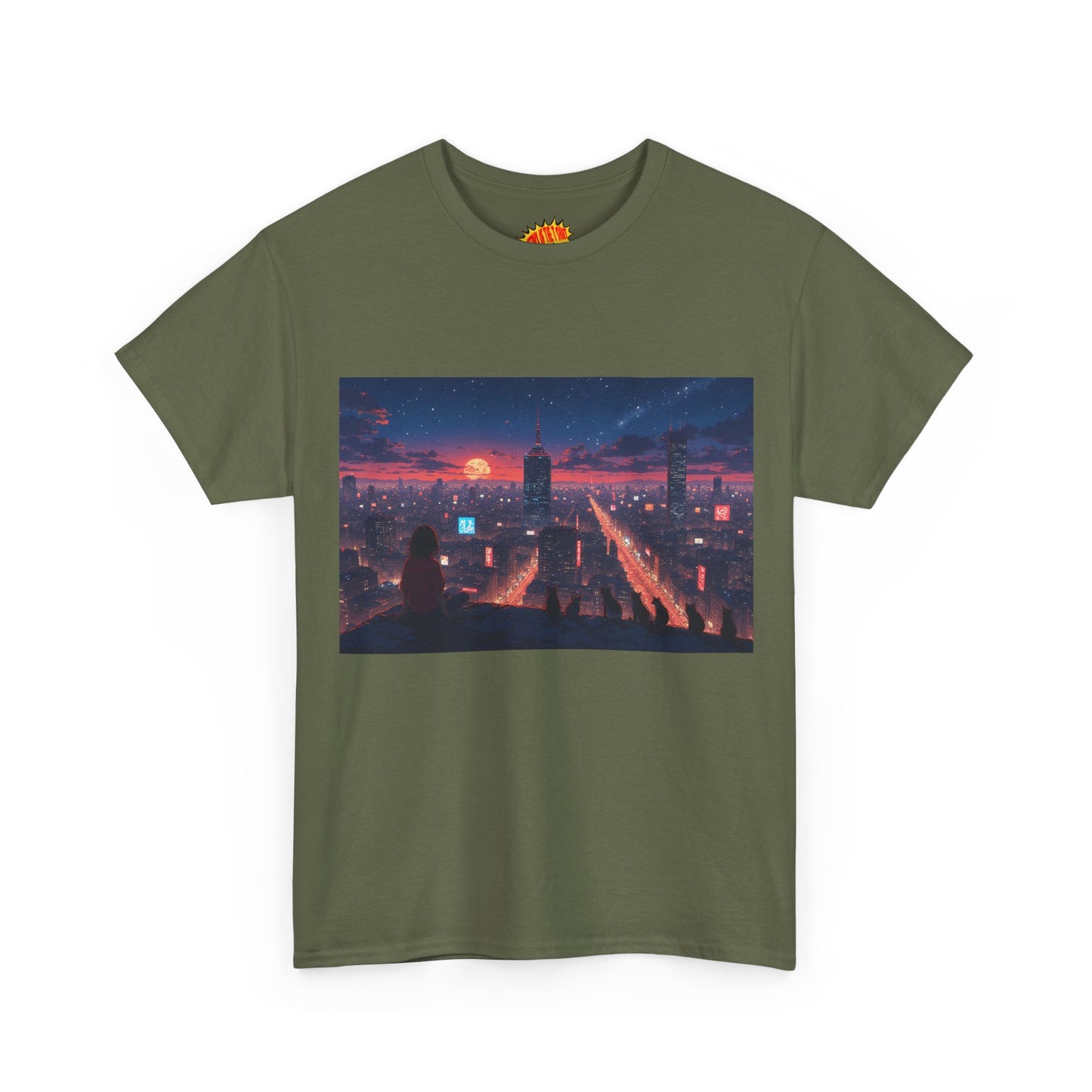 Anime Style City Sunset Scene w/Girl & Cats T-Shirt *Multiple Colors*