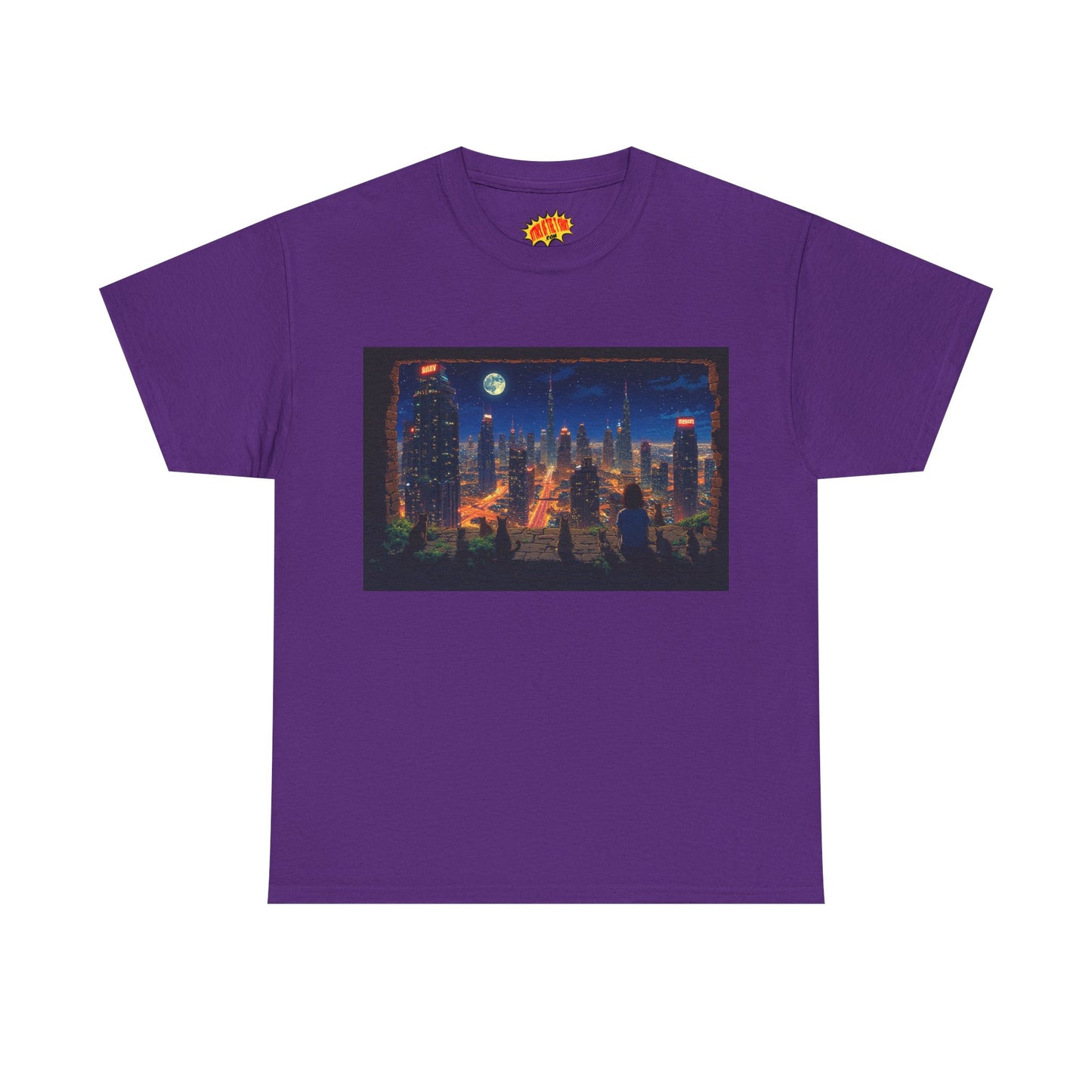Neon Anime Cityscape Full Moon w/Girl & Cats T-Shirt *Multiple Colors*