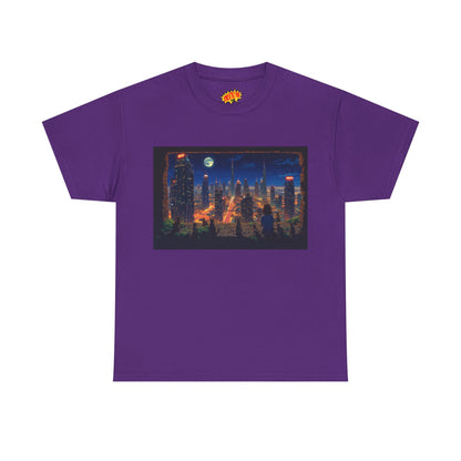 Neon Anime Cityscape Full Moon w/Girl & Cats T-Shirt