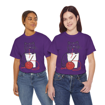 Cat w/Noodle Cup + Yarn Ball Art Drawing Tee Shirt