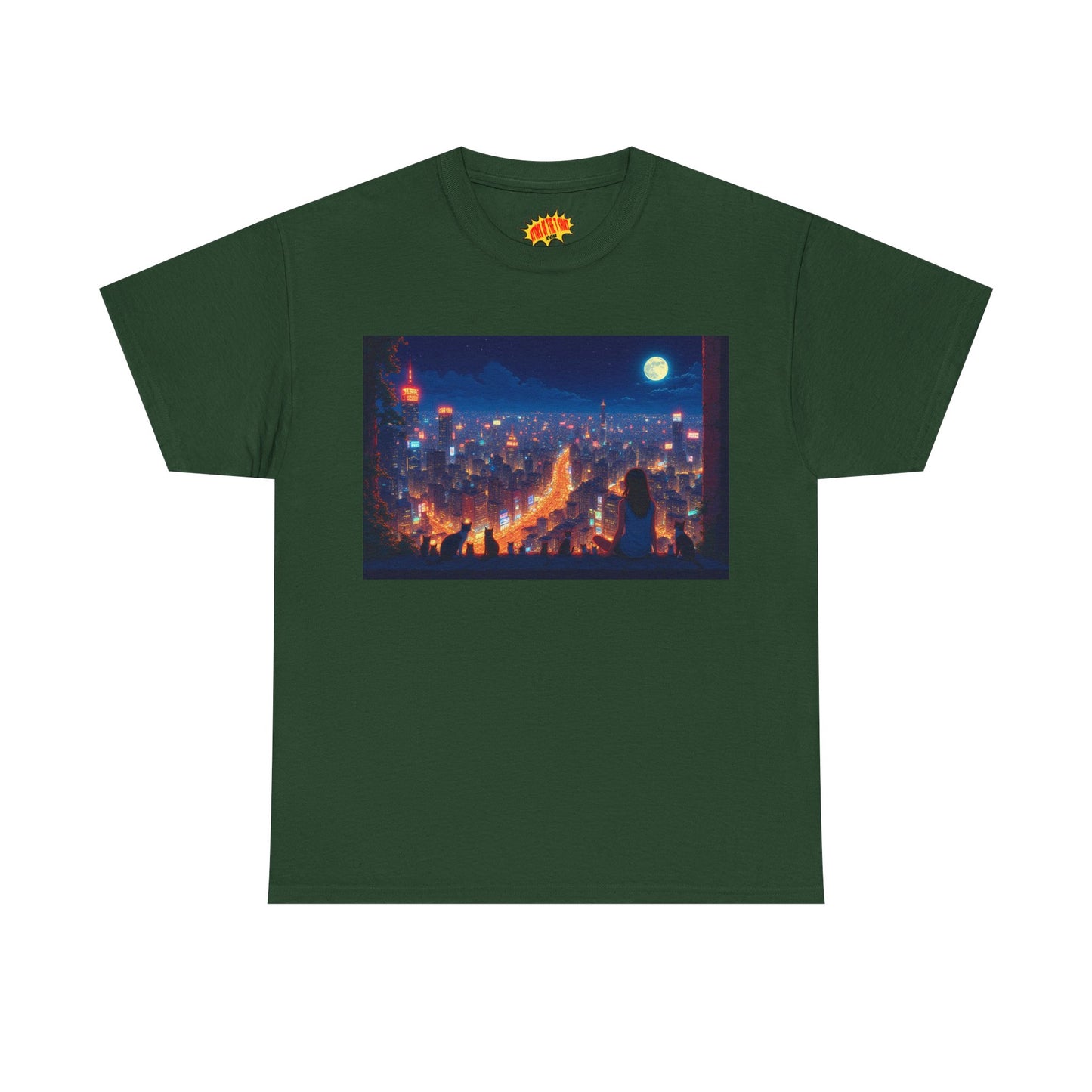 Anime City Night Scene w/Girl & Cats T-Shirt *Multiple Colors*