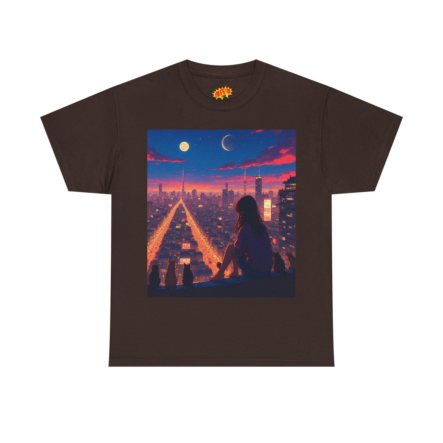 Anime City Twin Moon Scene w/Cats T-Shirt *Multiple Colors*
