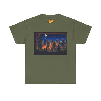 Neon Anime Cityscape Full Moon w/Girl & Cats T-Shirt