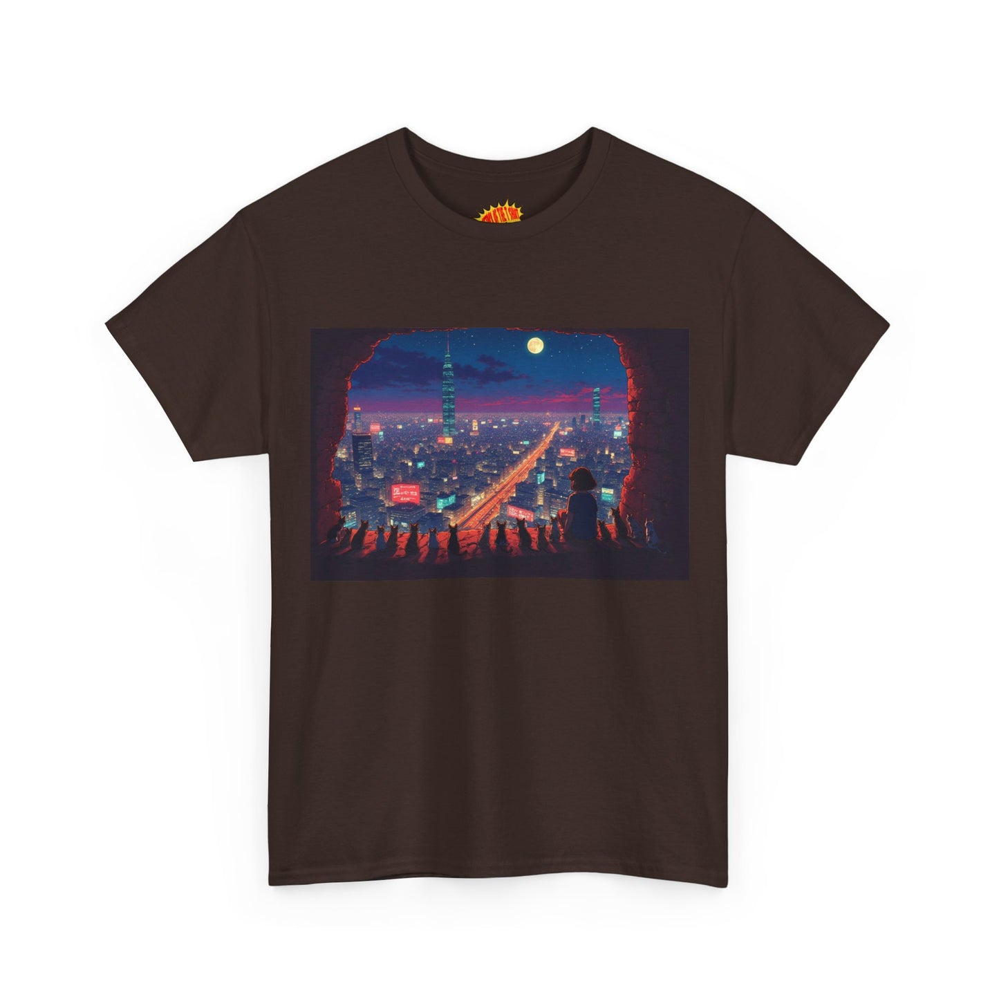Anime Neon Cityscape Scene w/Cats T-Shirt *Multiple Colors*