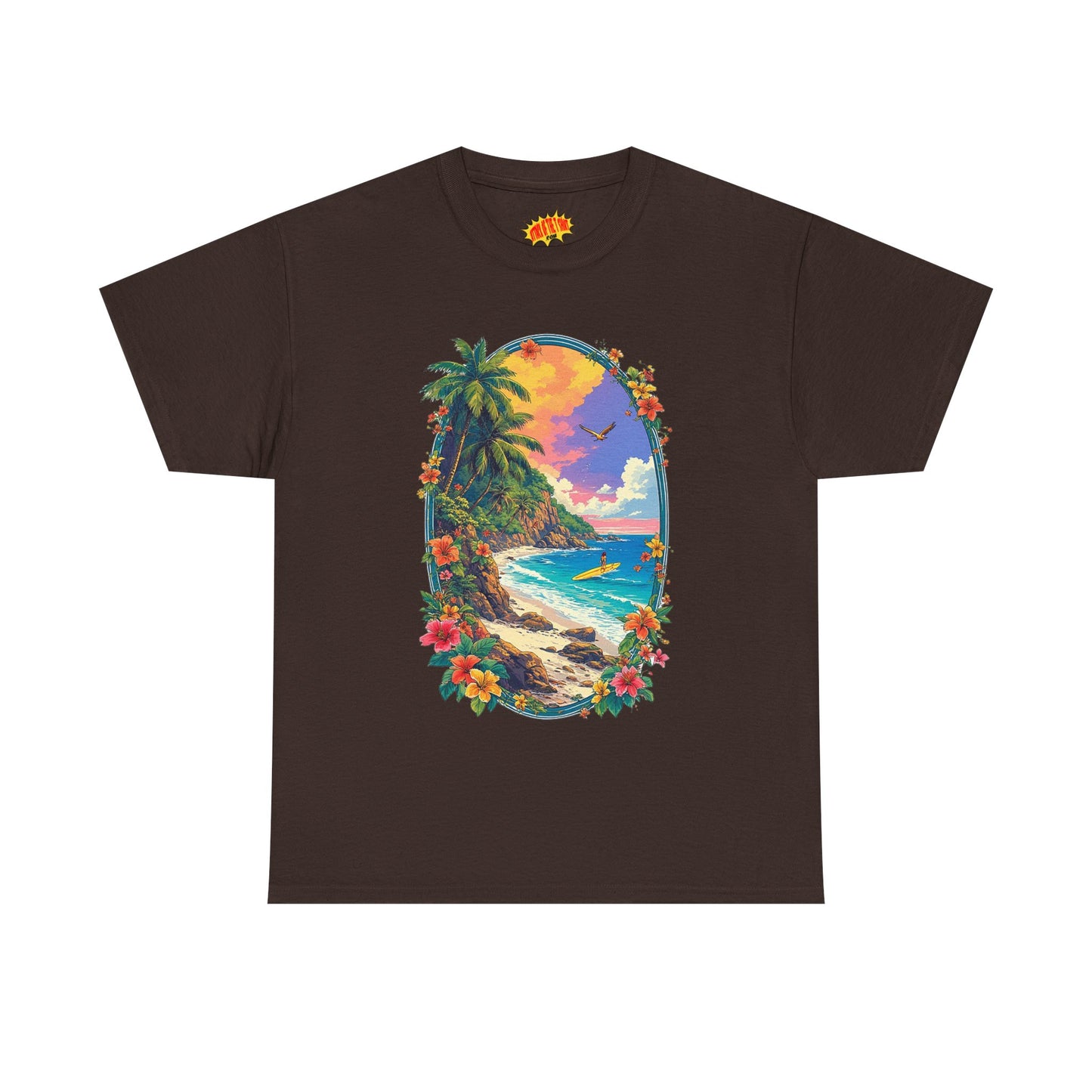 Tropical Beach Scene w/Oval Floral Frame T-Shirt *Multiple Colors*