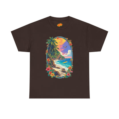 Tropical Beach Scene w/Oval Floral Frame T-Shirt