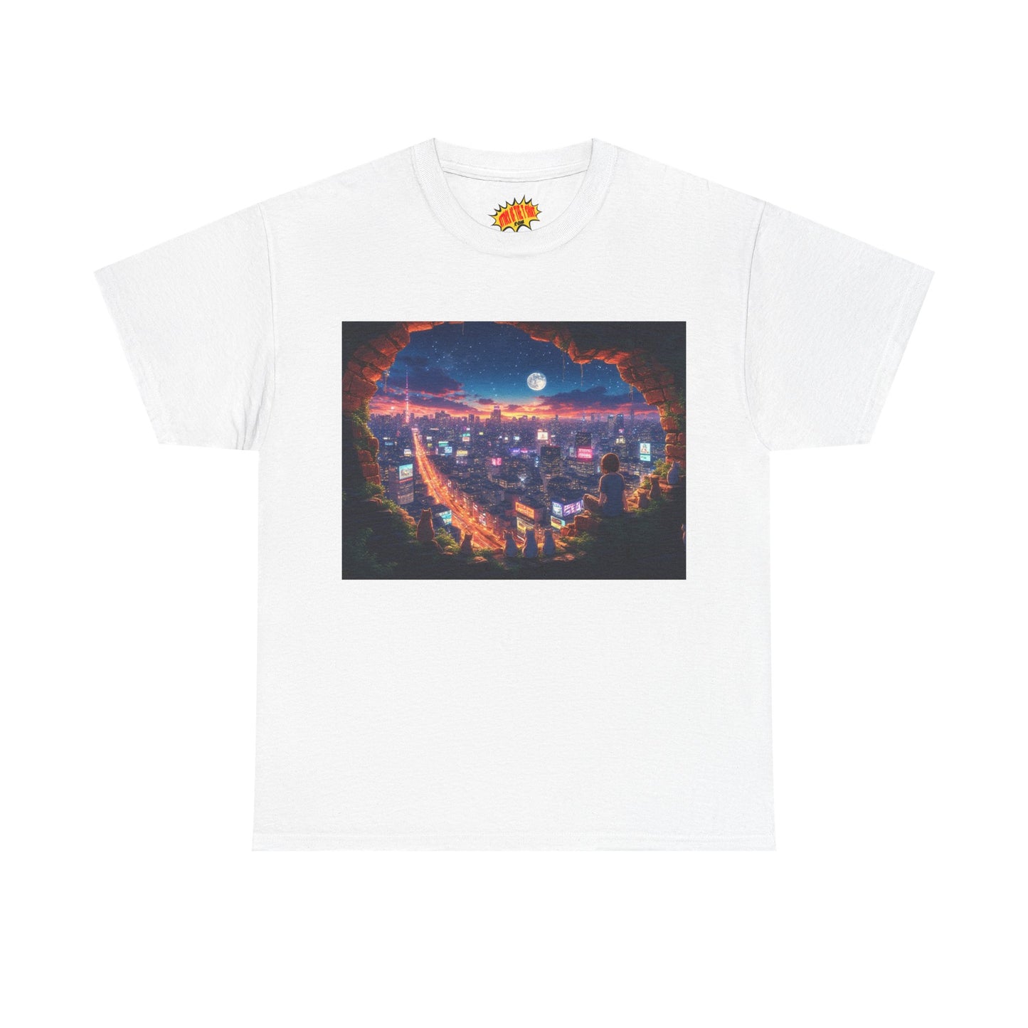 Anime Neon City Nighttime Scene w/Girl & Cats T-Shirt *Multiple Colors*