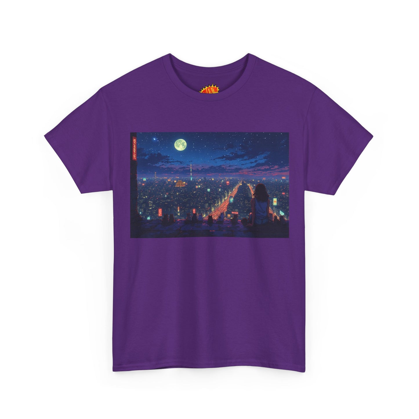 Anime Nighttime Neon Cityscape w/Cats T-Shirt *Multiple Colors*