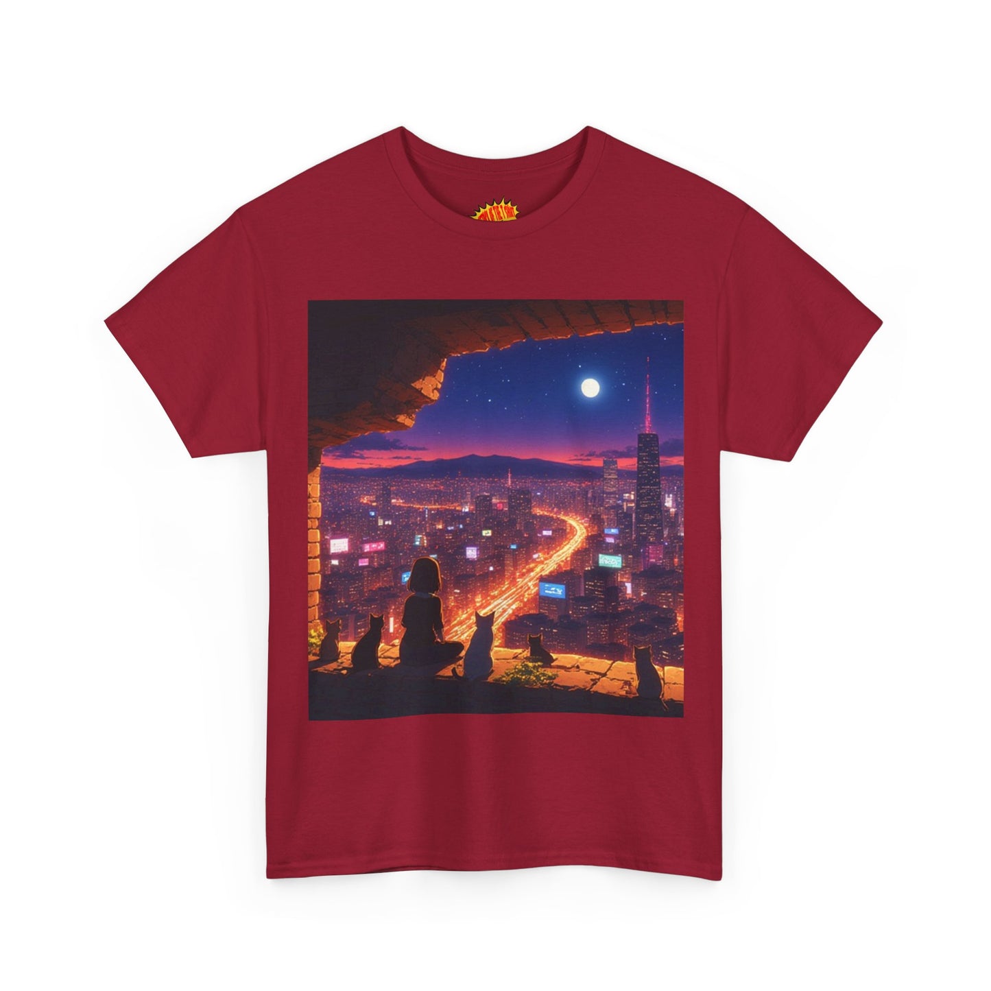 Anime Neon Cityscape Full Moon Scene w/Girl & Cats T-Shirt *Multiple Colors*