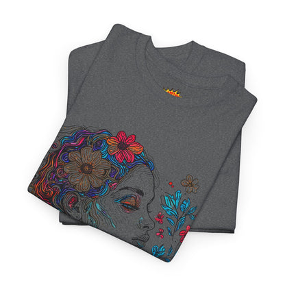Multicolor Line Drawing Human Graphic Flower Art Tee Shirt