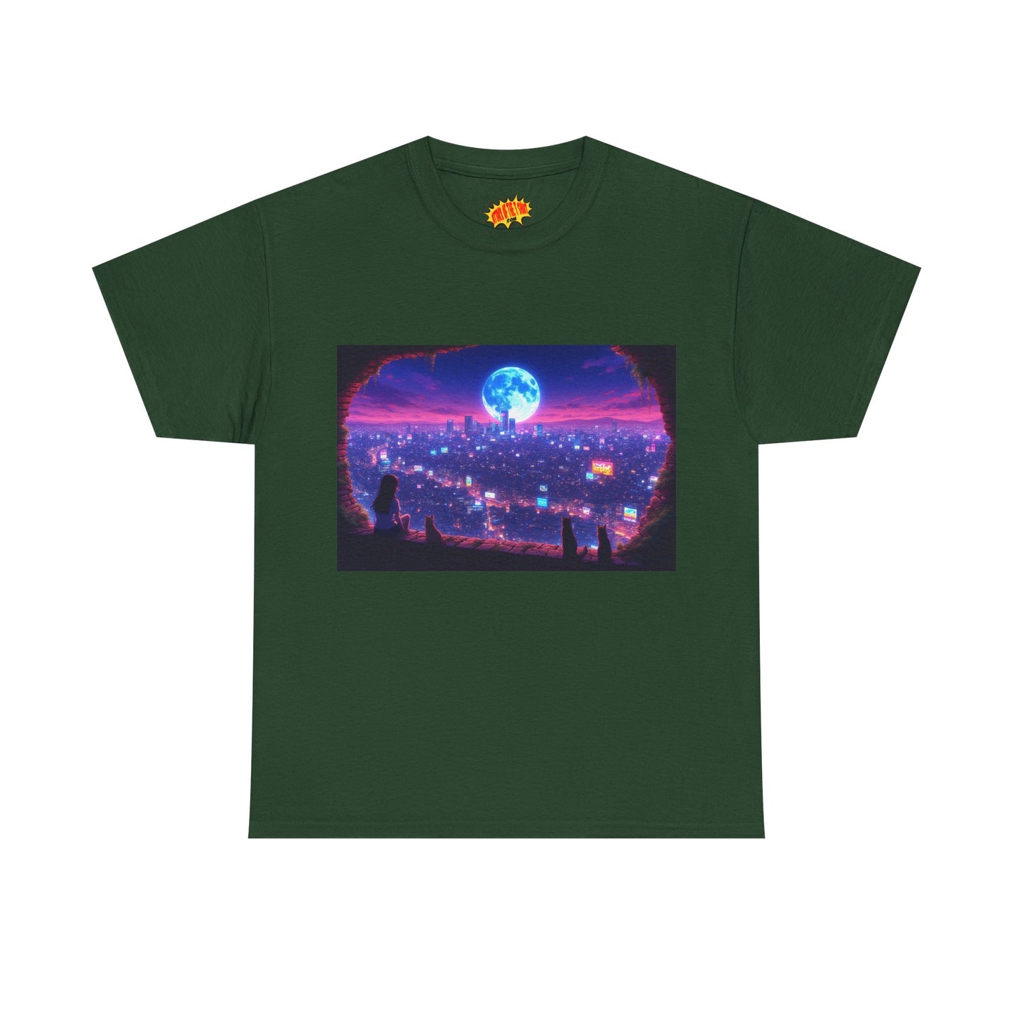 Neon Anime Cityscape Full Moon Scene w/Girl & Cats T-Shirt *Multiple Colors*