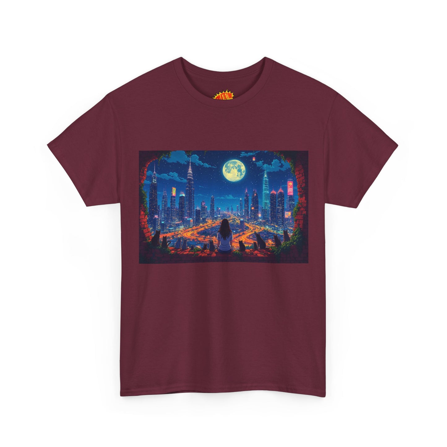 Anime City Night Scene w/Girl & Cats T-Shirt *Multiple Colors*