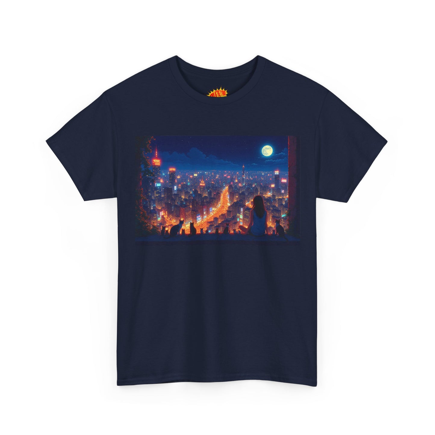 Anime City Night Scene w/Girl & Cats T-Shirt *Multiple Colors*