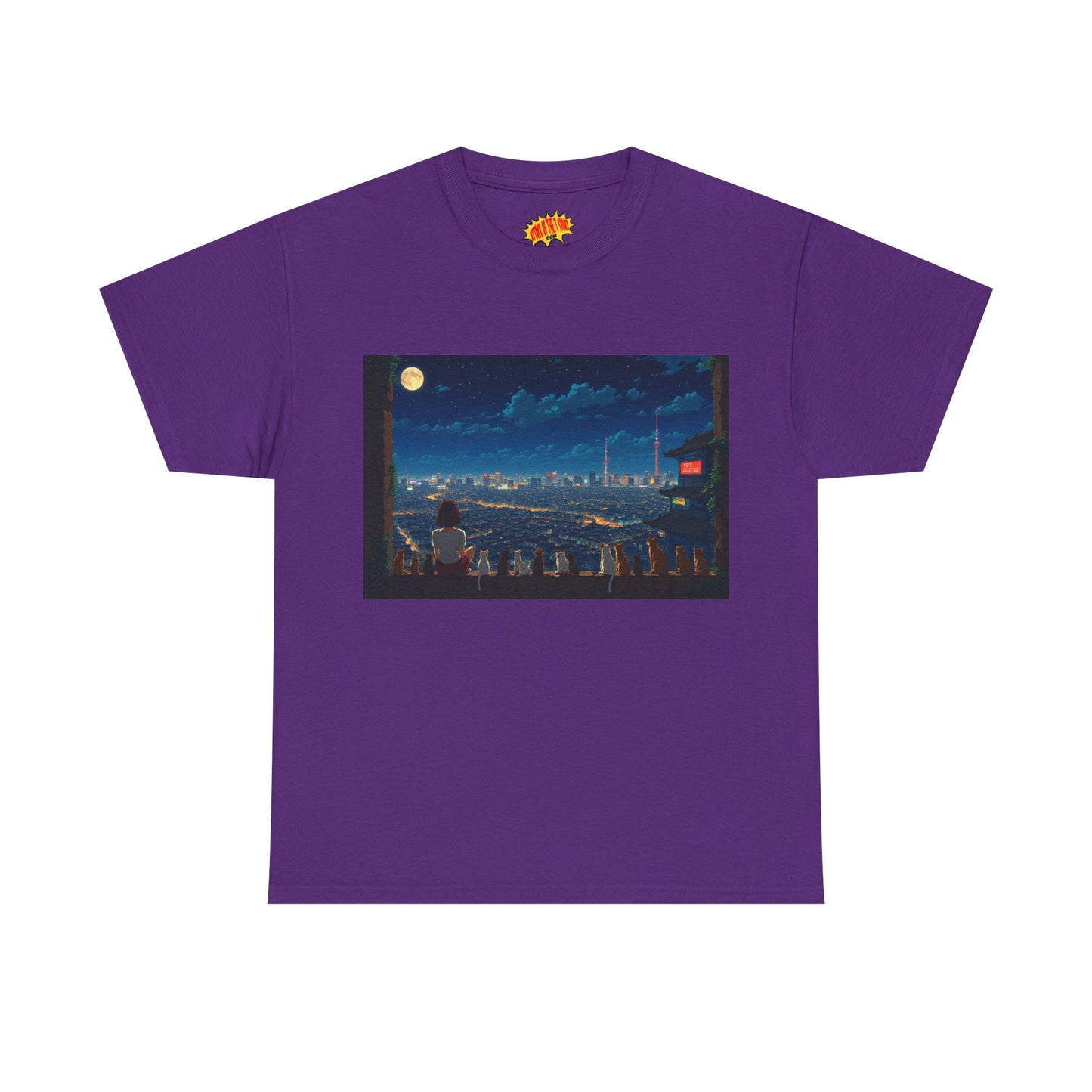 Anime City Night Sky Scene w/Girl & Cats T-Shirt *Multiple Colors*