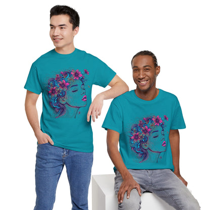 Multicolor Line Drawing Human Flower Graphic Art Tee Shirt