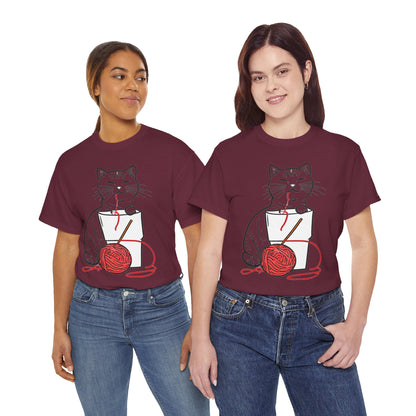 Cat w/Noodle Cup + Yarn Ball Art Drawing Tee Shirt
