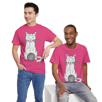 White Cat w/Yarn Ball Art Drawing Tee Shirt