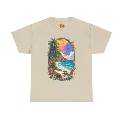 Tropical Beach Scene w/Oval Floral Frame T-Shirt