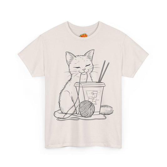 Cat w/Takeout + Yarn Ball Line Drawing Tee Shirt *Multiple Colors*