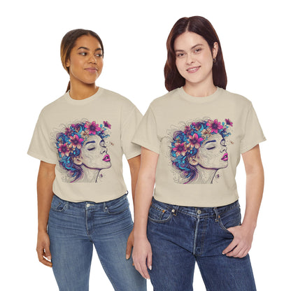 Multicolor Line Drawing Human Flower Graphic Art Tee Shirt