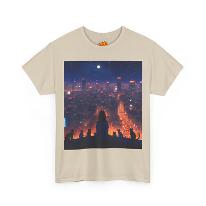 Neon City Anime Nighttime Scene w/Girl & Cats T-Shirt