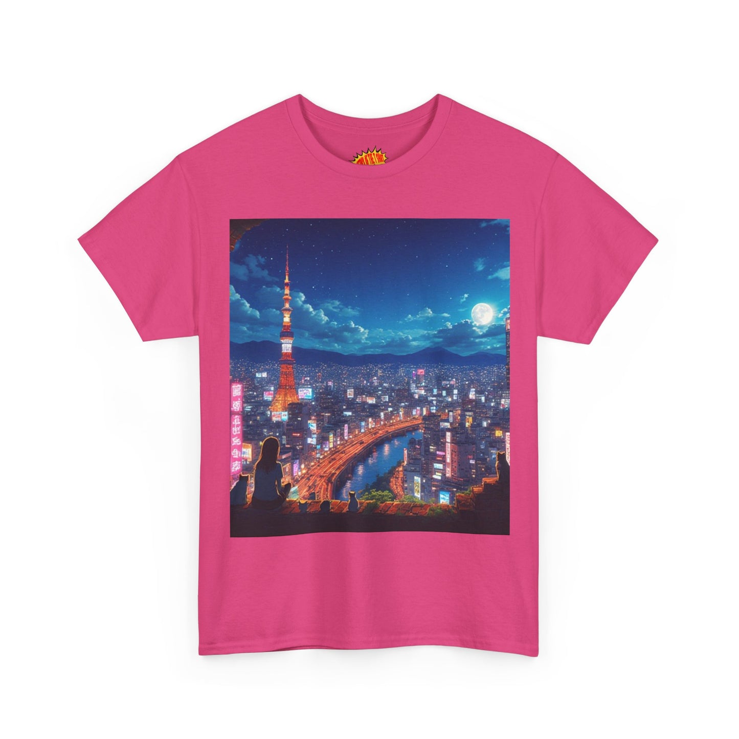 Neon Cityscape Nighttime Anime Scene w/Girl & Cats T-Shirt *Multiple Colors*