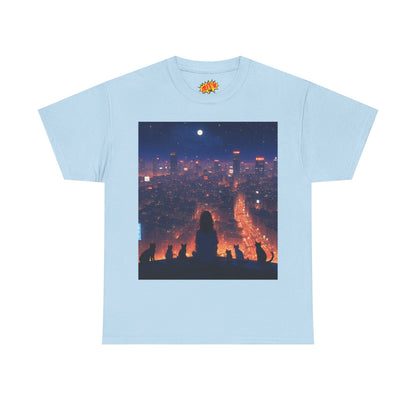 Neon City Anime Nighttime Scene w/Girl & Cats T-Shirt