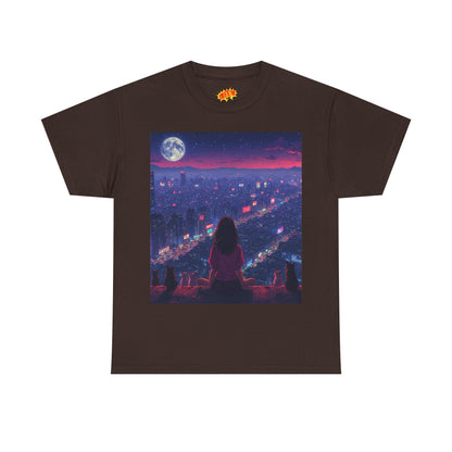 Anime City Neon Night Scene w/Girl & Cats T-Shirt