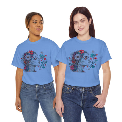 Multicolor Line Drawing Human Graphic Flower Art Tee Shirt