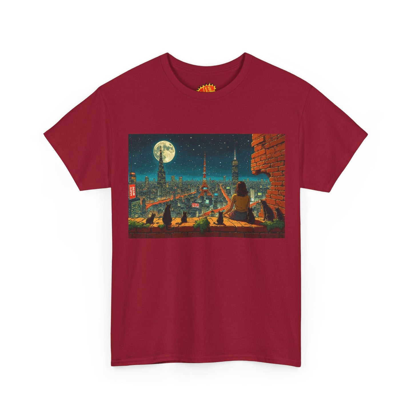 Anime Cityscape Full Moon Scene w/Girl & Cats T-Shirt *Multiple Colors*