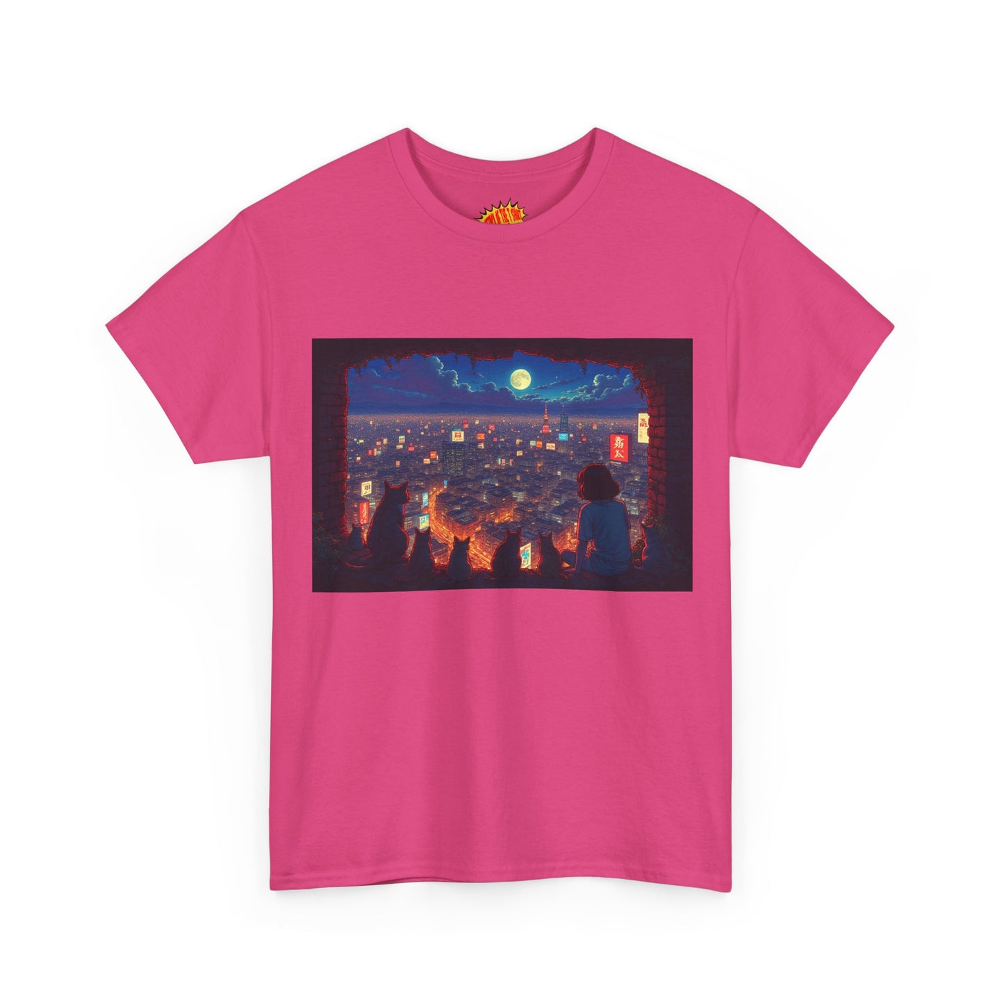 Cityscape Anime Nighttime Scene w/Girl & Cats T-Shirt *Multiple Colors*