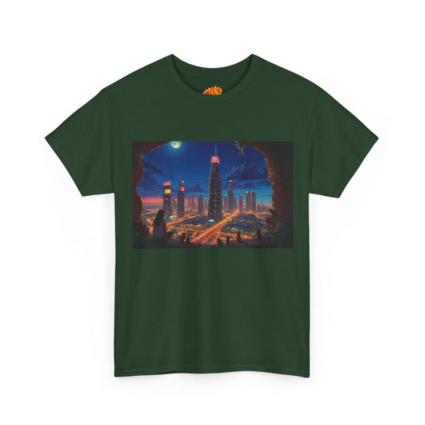 Anime Cityscape Night Scene w/Girl & Cats T-Shirt *Multiple Colors*