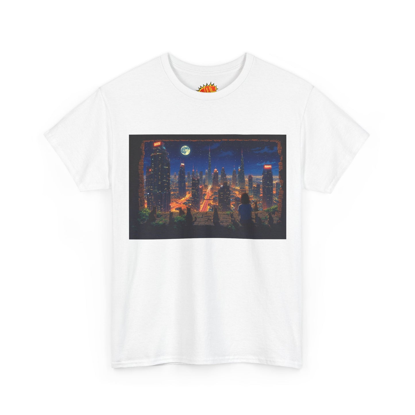 Neon Anime Cityscape Full Moon w/Girl & Cats T-Shirt *Multiple Colors*