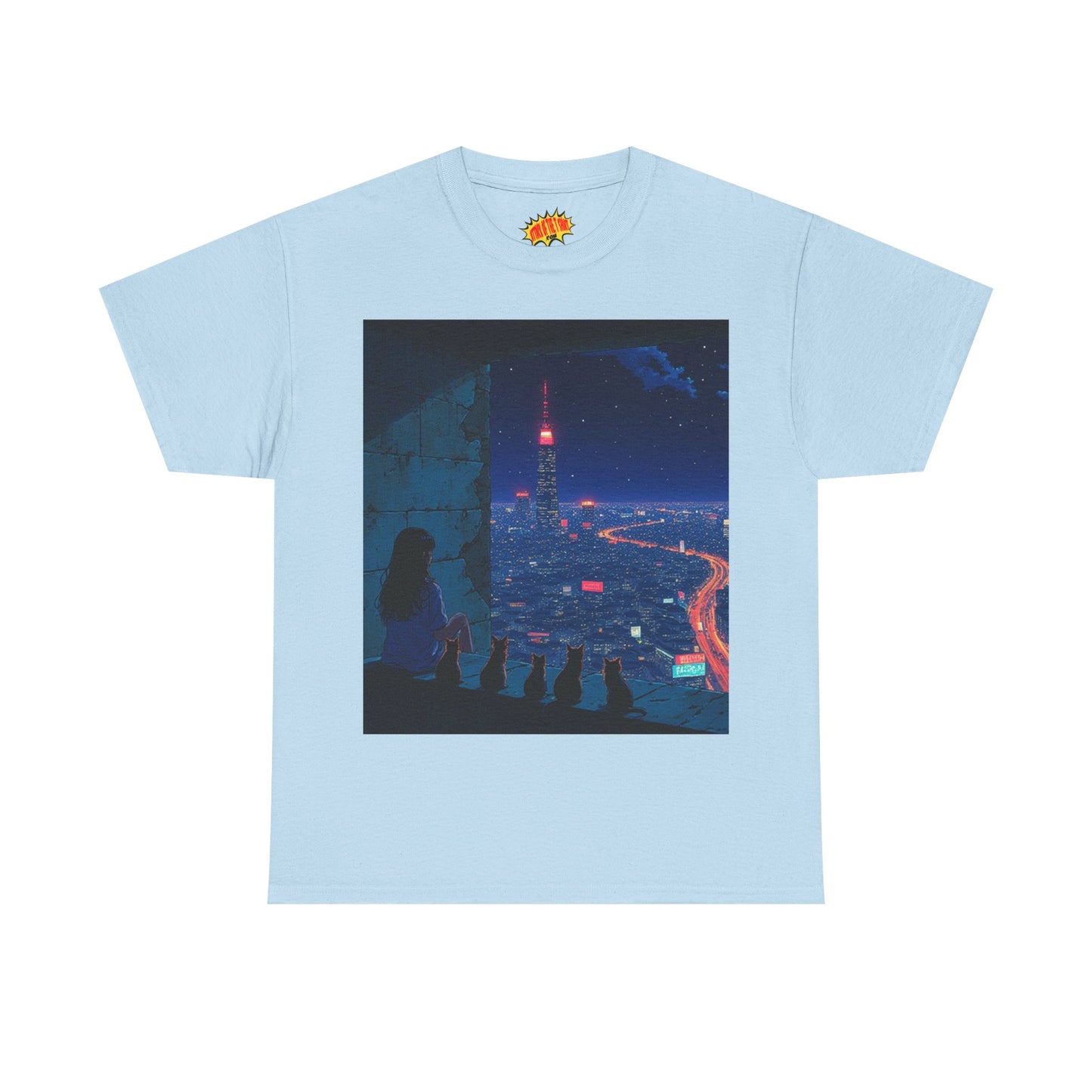 Anime Cityscape Night Scene w/Girl & Cats T-Shirt *Multiple Colors*
