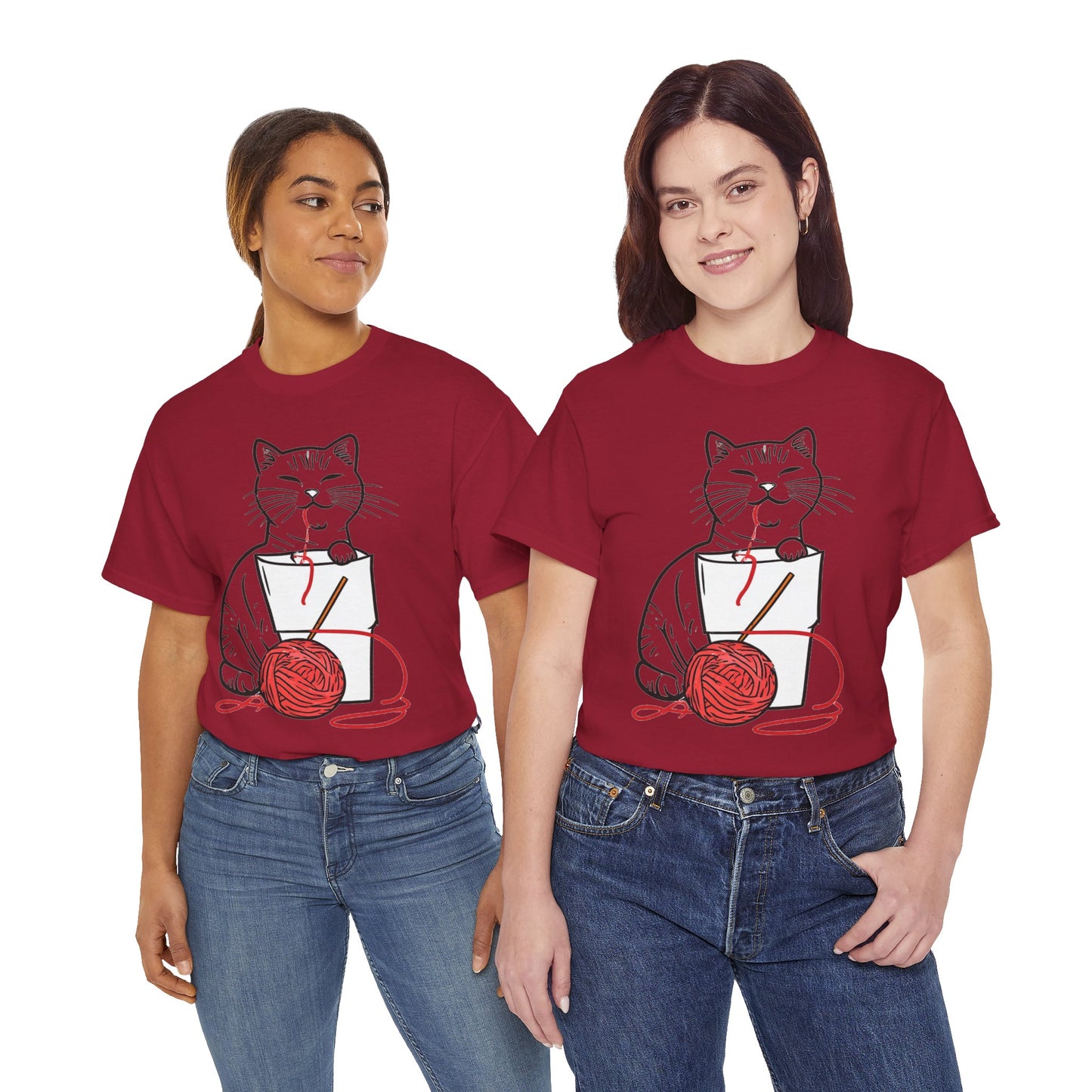 Cat w/Noodle Cup + Yarn Ball Art Drawing Tee Shirt *Multiple Colors*