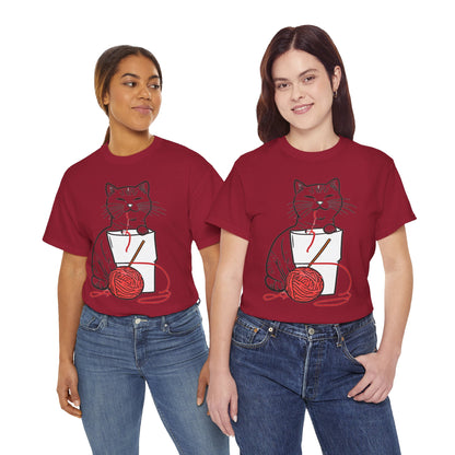 Cat w/Noodle Cup + Yarn Ball Art Drawing Tee Shirt
