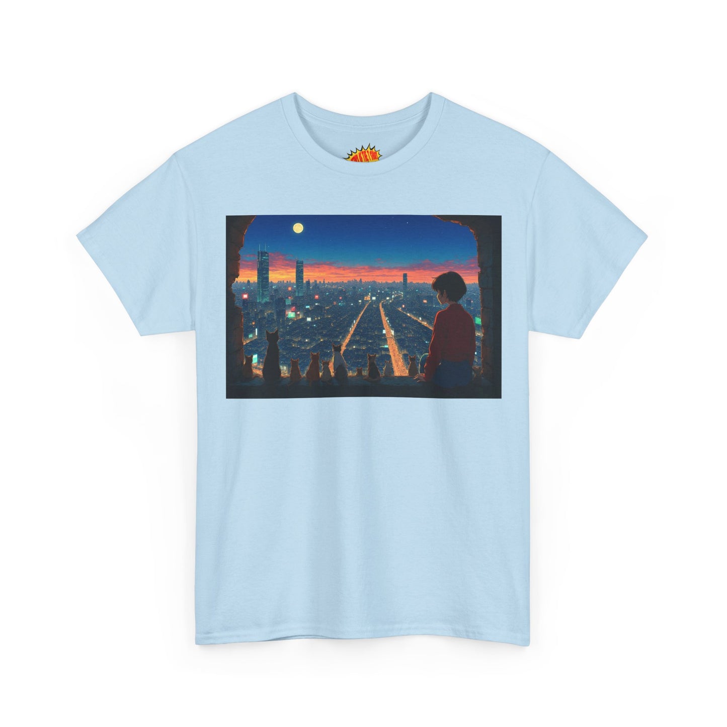 Neon Cityscape Anime Scene w/Girl & Cats T-Shirt *Multiple Colors*