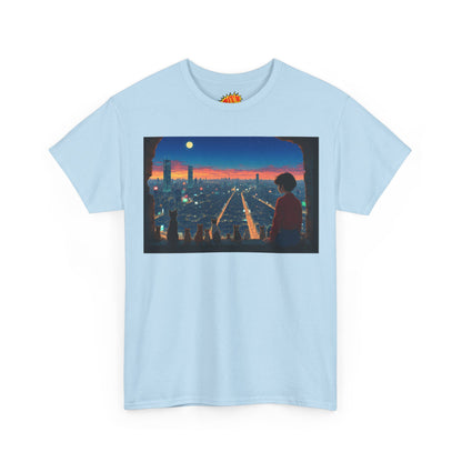 Neon Cityscape Anime Scene w/Girl & Cats T-Shirt